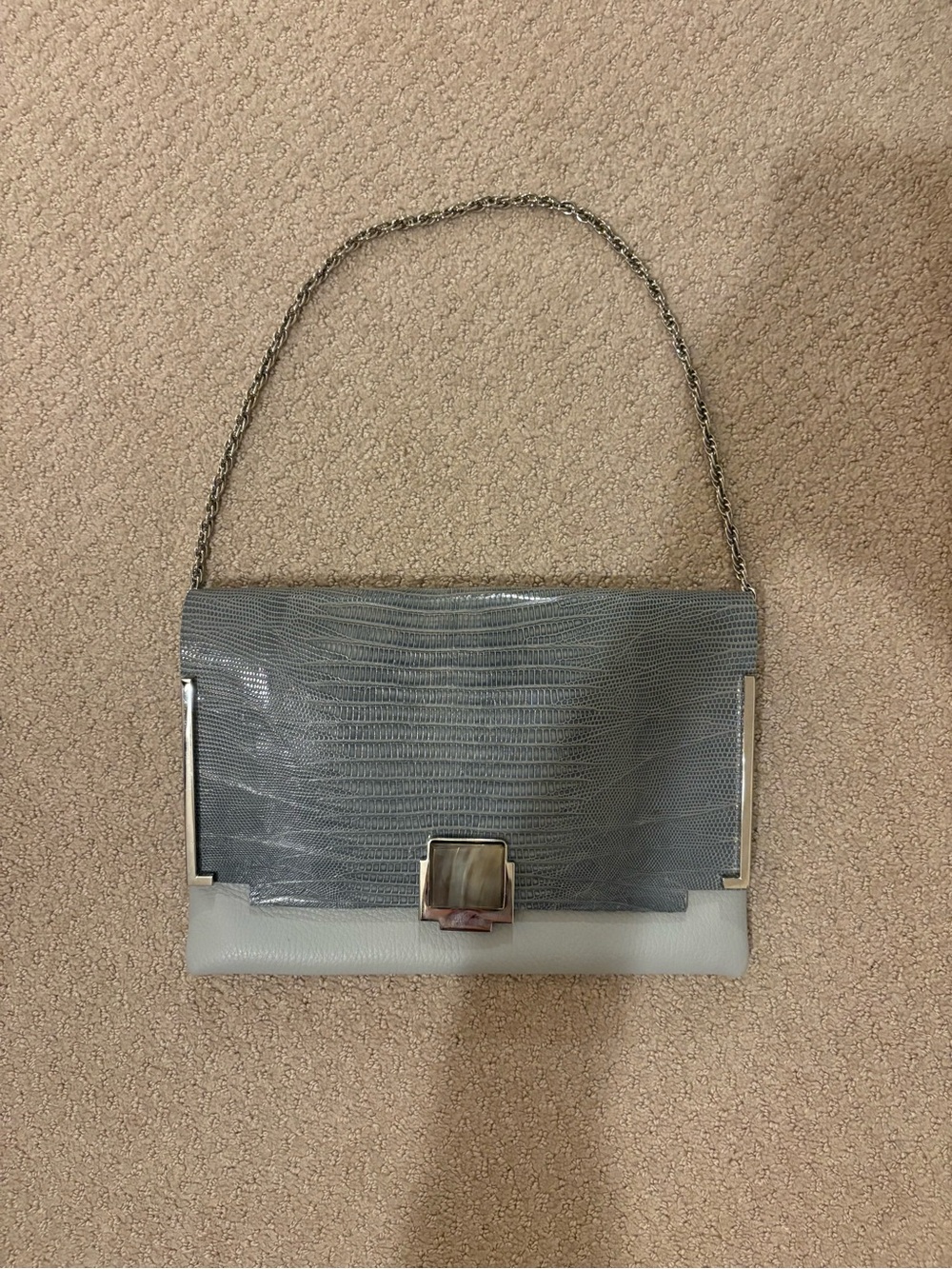 Daniela Ortiz “Justine” Genuine Lizard Leather Clutch Chain Bag Gray Ivory Rare